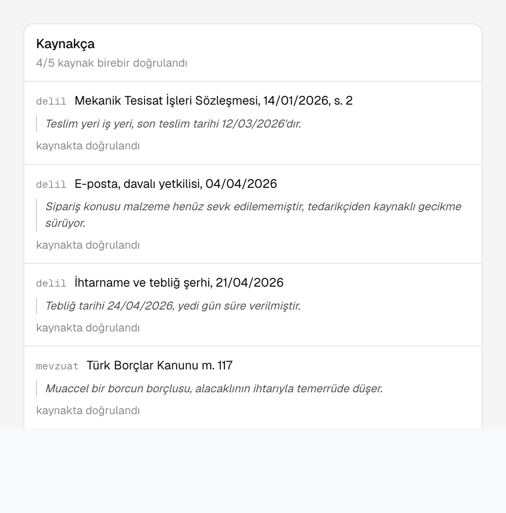 Kaynakça paneli: beş kaynağın dördü kaynağında birebir bulundu, bulunamayan emsal karar bordo halkayla işaretli.